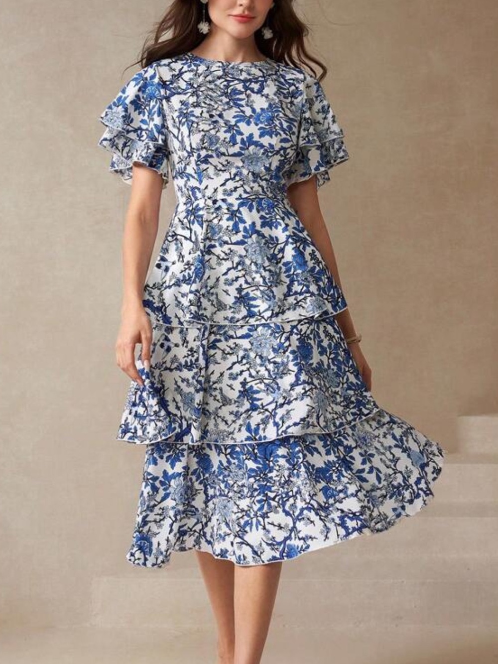 2/$30 butterfly sleeve Floral Tiered Ruffle Midi Dress - Blue white print small